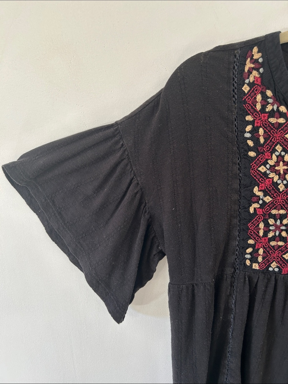 Bohemian Embroidered Flutter Sleeve Tassel Tie Front Top Flowy Feminine Hemline - Picture 3 of 11